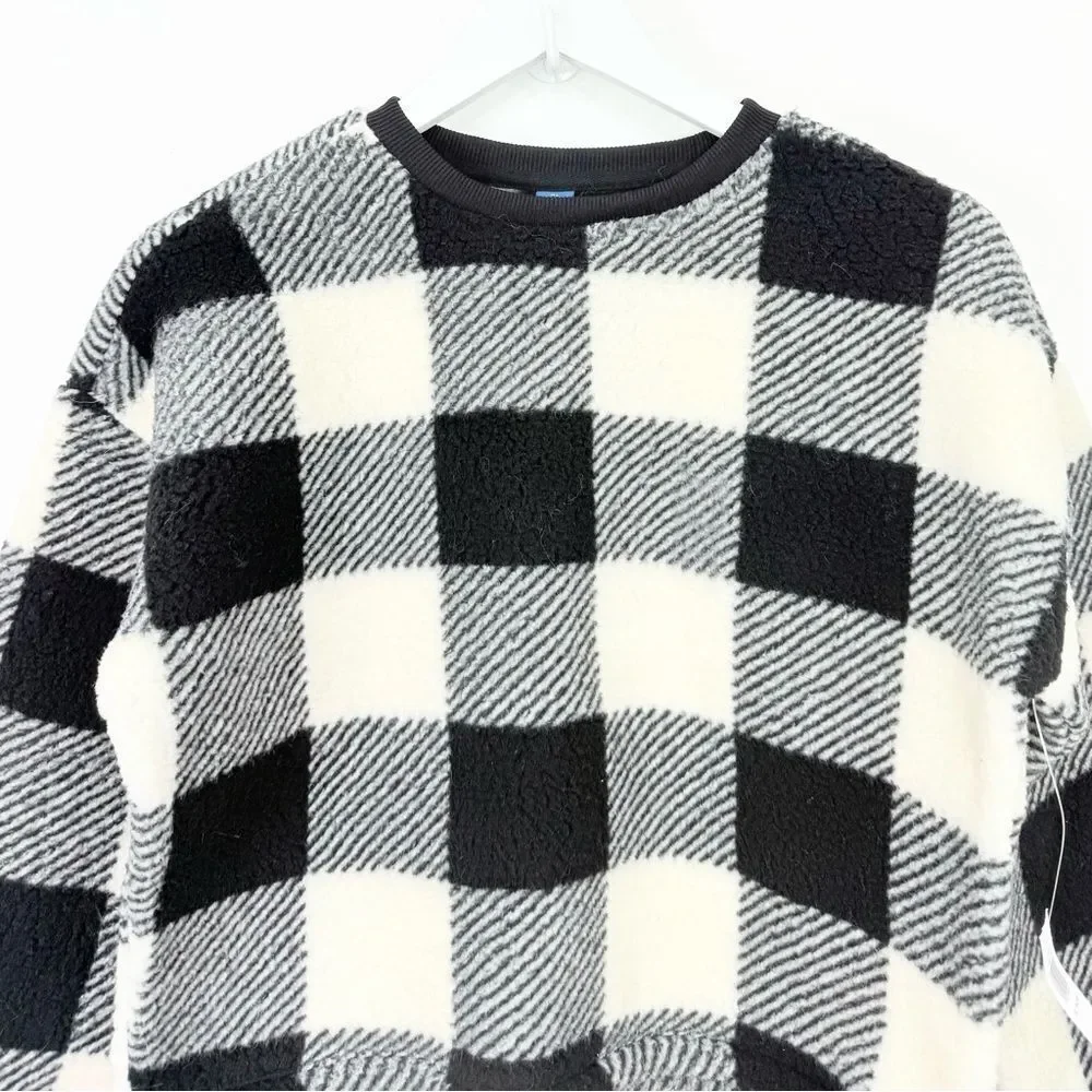Old Navy Girls Black White Buffalo Plaid Cozy Pullover Sherpa Fleece NEW